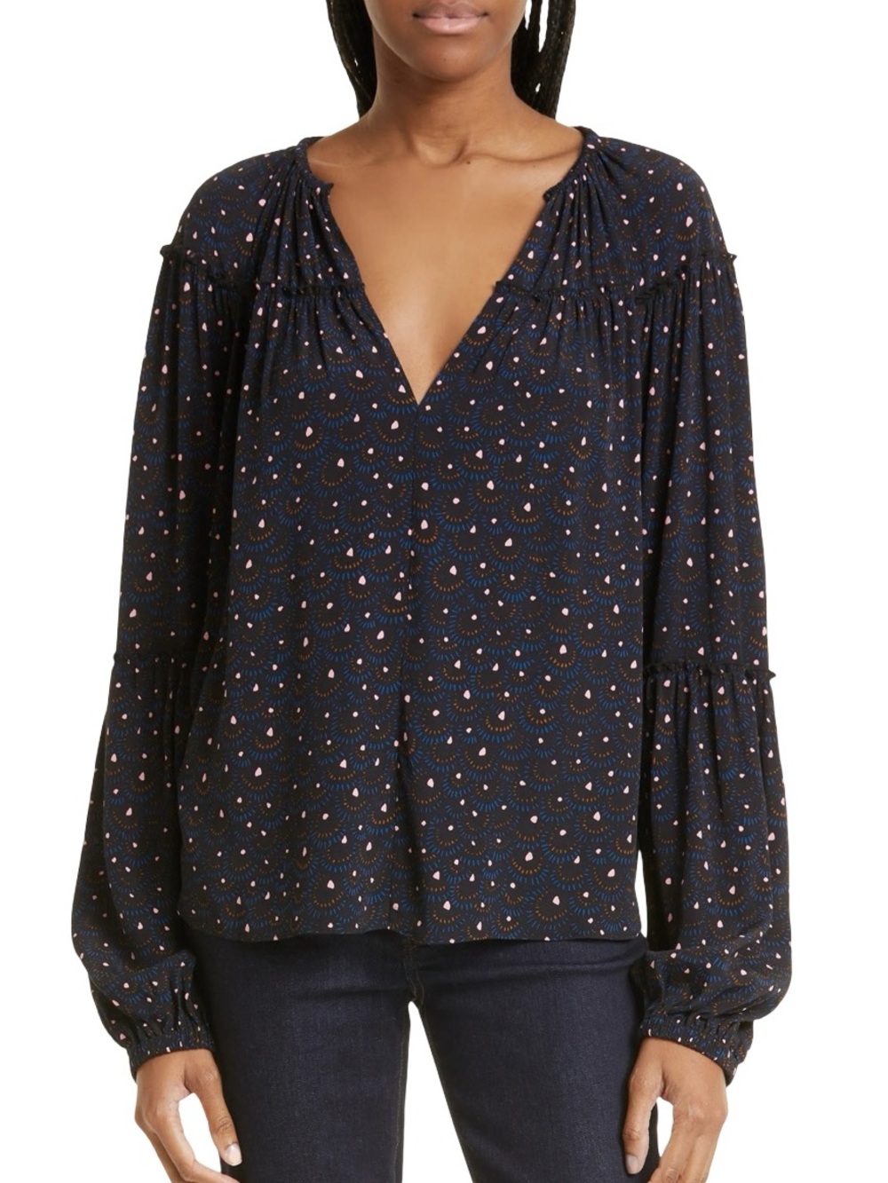 A.L.C. Jenna Abstract Print Long Sleeve V Neck Top Black Blue Cream Size 8